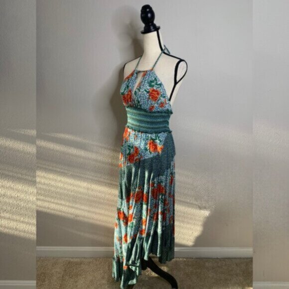 NWT Free People Pleated Halter Sundress in Blue and Orange Midi Dress - Picture 8 of 16